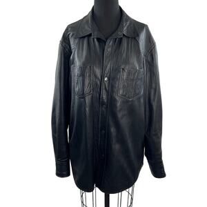 Jhane Barnes Black Western Shirt Jacket Soft Lamb Leather Snap-Button Sz 42 RARE